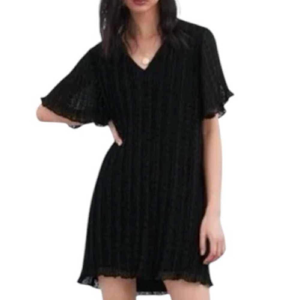 NWT ZARA V-Neck Short Sleeve Pleated Mini Dress Size Small